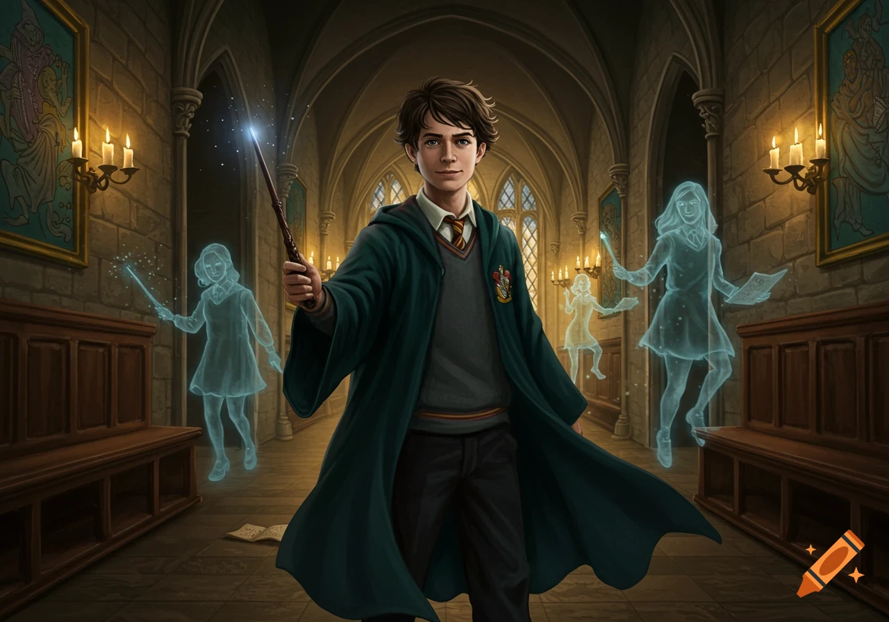 A young wizard in a green robe holds a glowing wand in a Hogwarts-like corridor, surrounded by translucent ghost figures. Illustrated fantasy scene.