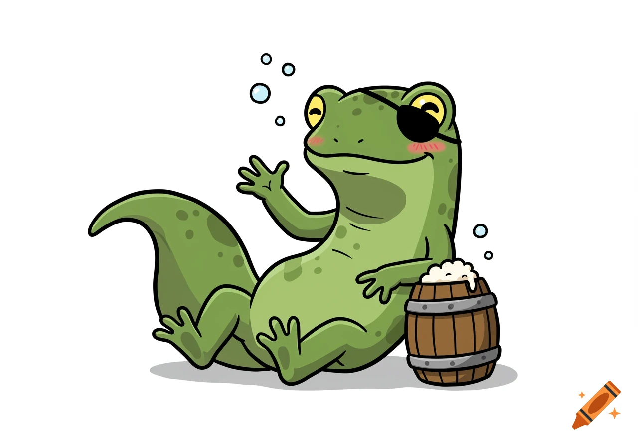 Cartoon green newt wearing an eyepatch, sitting beside a wooden barrel with a foamy drink, on a white background.