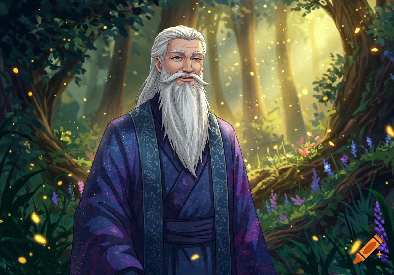 An anime-style illustration of a wise old man with a long white beard and blue eyes, wearing a purple robe, standing in a magical forest with glowing lights.
