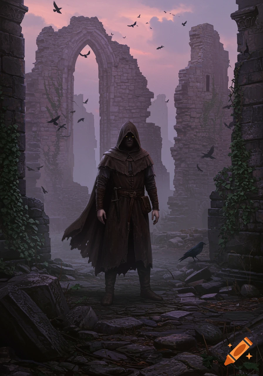 A hooded, robed figure with glowing yellow eyes stands in the ruins of a stone castle under a dramatic pink and purple sky, with crows flying around and one raven on the ground.