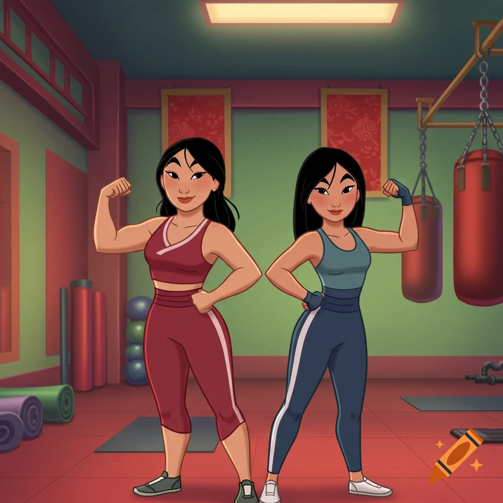 Cartoon image of Mulan and her mother in a gym, both flexing their muscles.