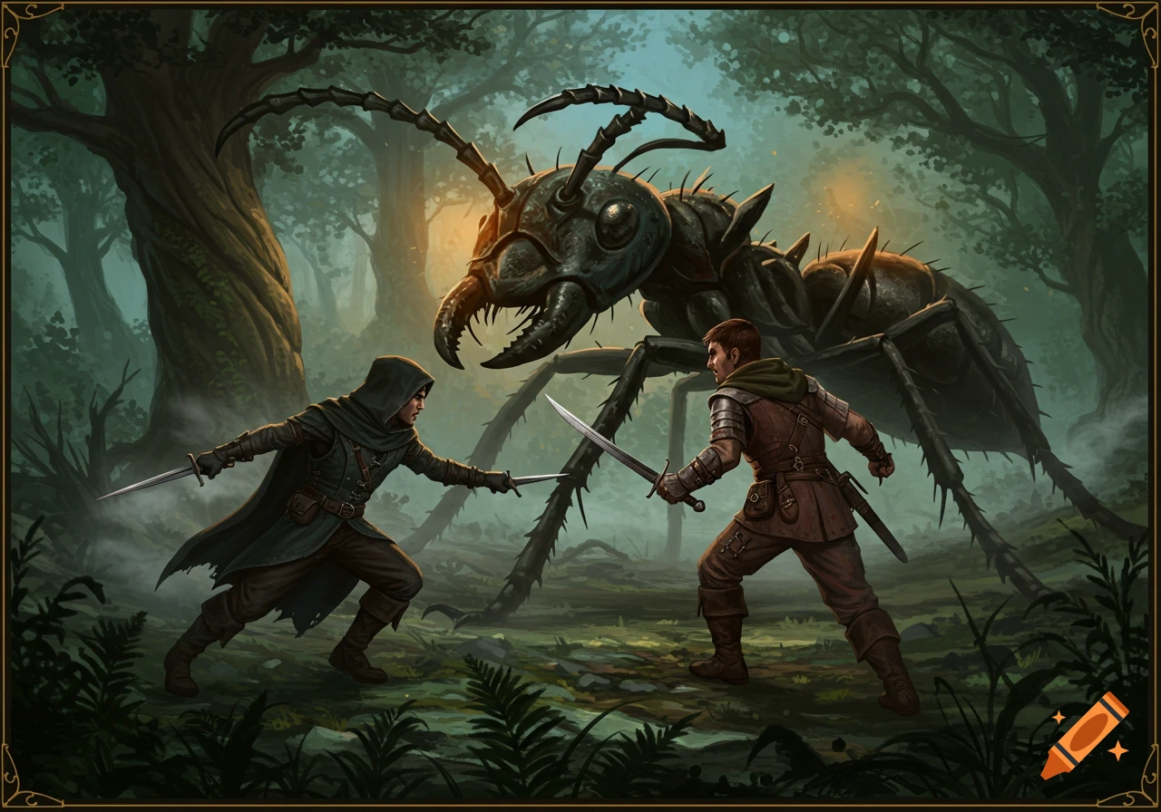 Two medieval warriors brandish swords against a colossal ant in a misty, dark fantasy forest.