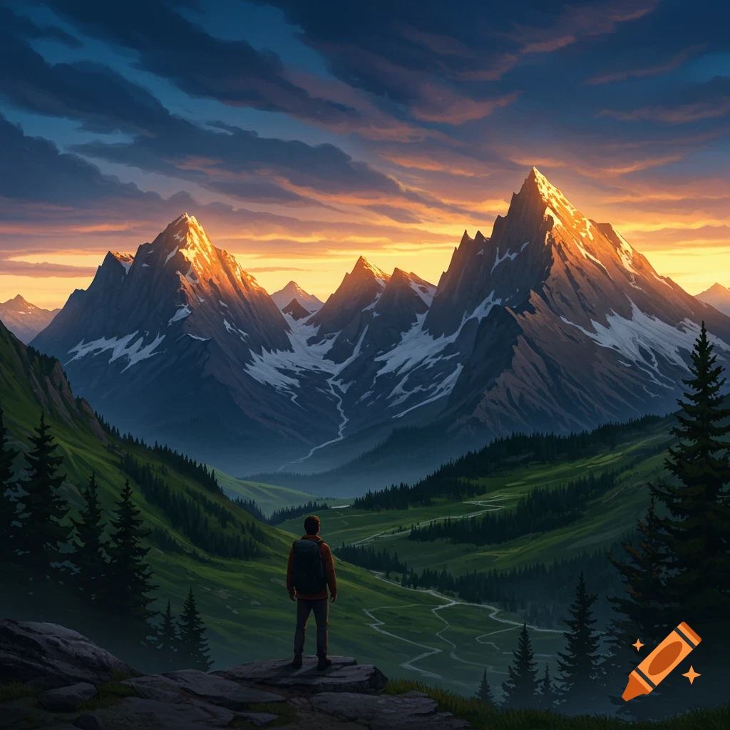 A man with a backpack stands on a rock, gazing at a vast mountain range and a green valley under a colorful sunset sky.