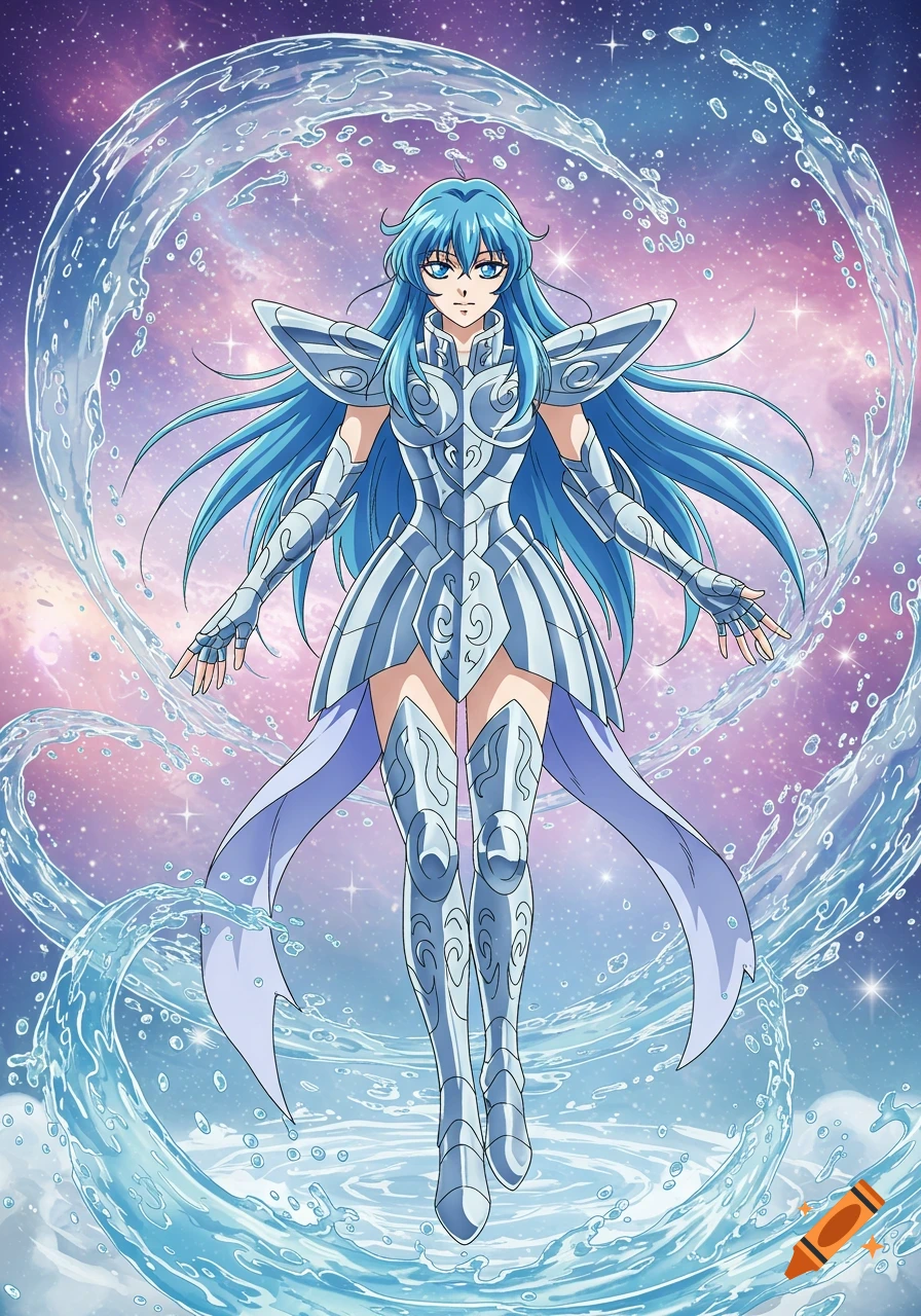 Anime character with long blue hair and silver armor, surrounded by swirling water, against a starry purple sky.