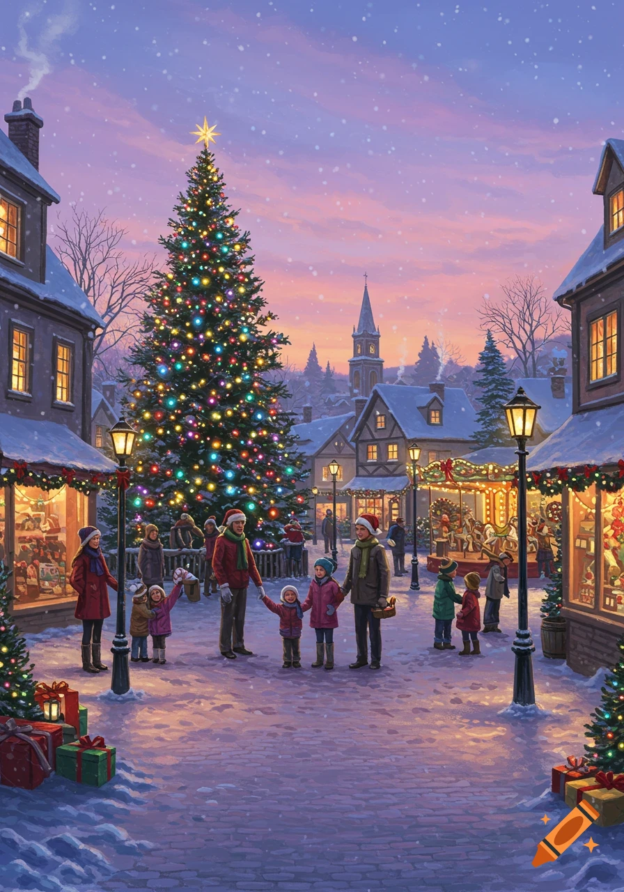 A festive Christmas town square with families, a large decorated Christmas tree, shops, and a carousel under a snowy, twilight sky.