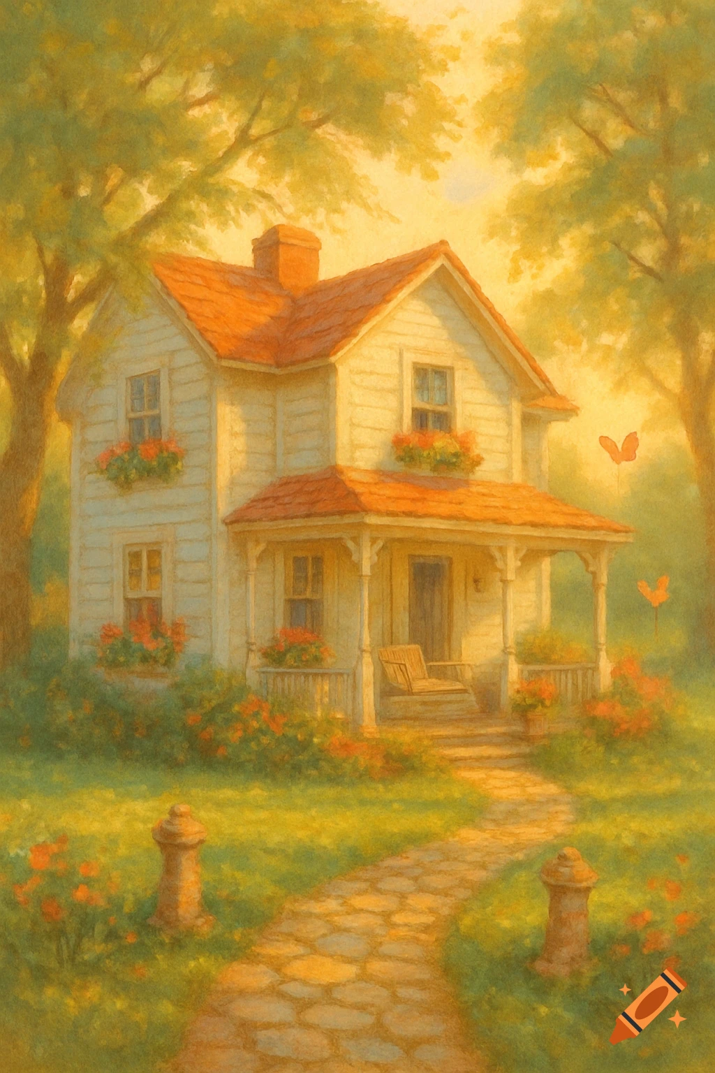 A charming, white house with a red roof sits amidst lush green and yellow foliage, bathed in warm sunlight, with a stone path leading to its porch. Painted in a soft, impressionistic style.