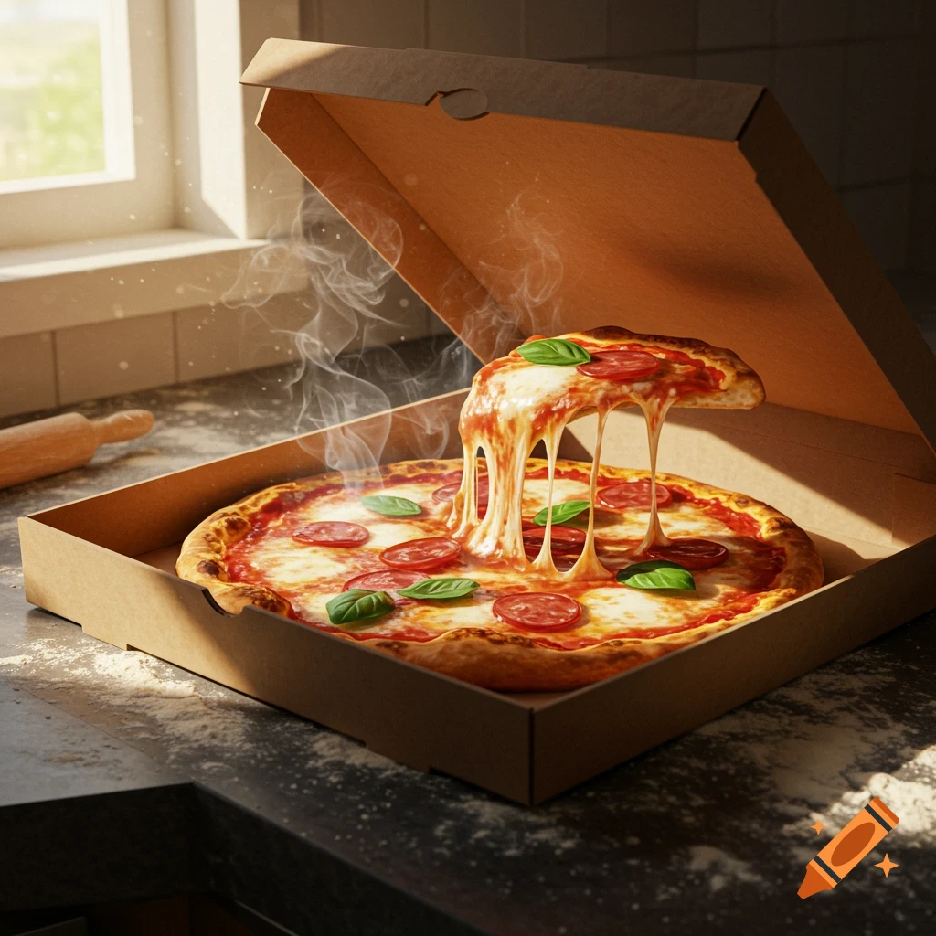 A hot, steamy pizza with melting cheese being pulled from a slice, in a cardboard box on a kitchen counter.