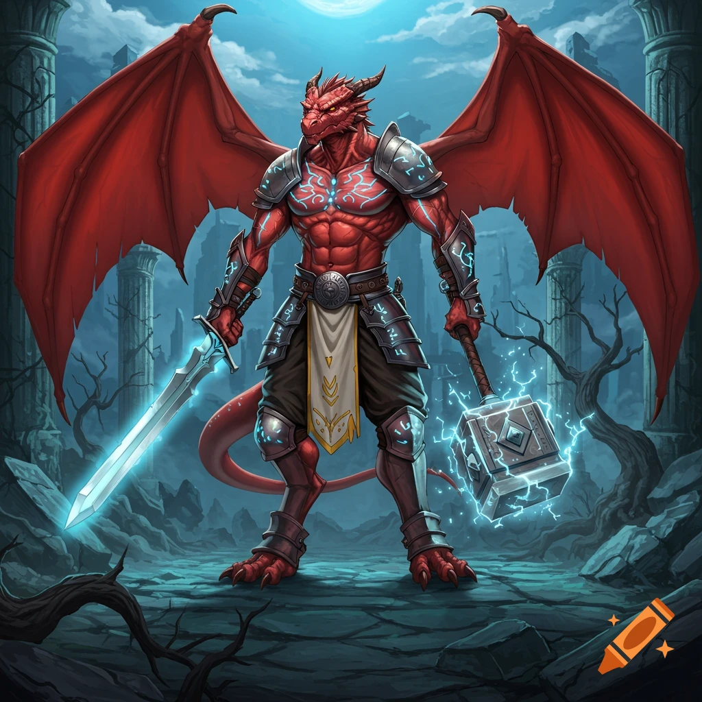 A muscular red dragonborn warrior with large red wings stands armored, holding a glowing sword and a lightning-charged war hammer amidst ancient ruins under a full moon.