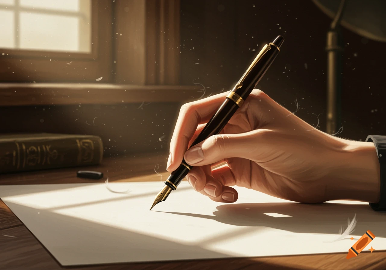 A right hand holds a fountain pen poised over a blank sheet of paper on a wooden desk, illuminated by sunlight.