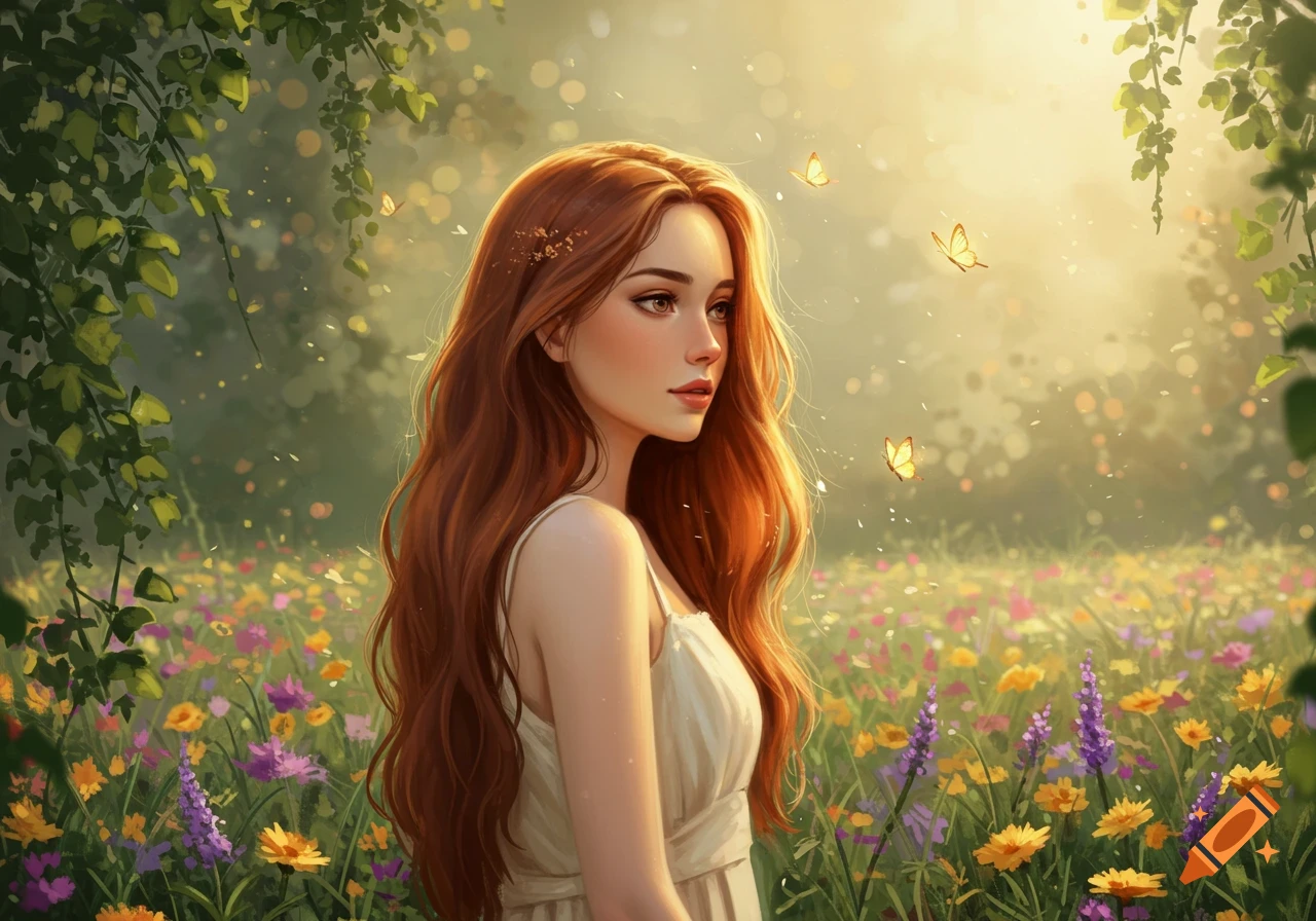 A young woman with long red hair stands in a sunlit field of colorful wildflowers with butterflies, in a dreamy art style.