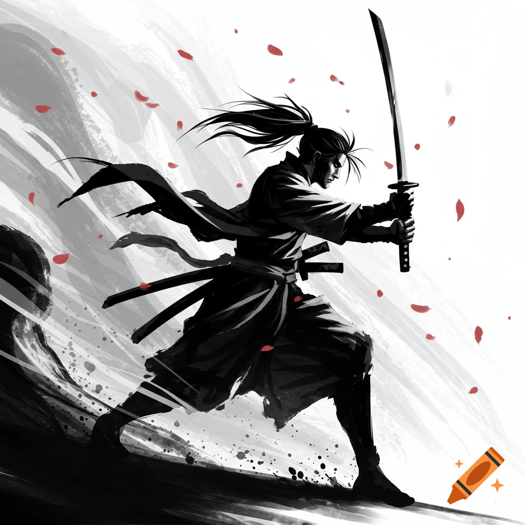 A dramatic black-and-white ink-wash illustration of a samurai warrior mid-swing with a katana, with red petals falling.