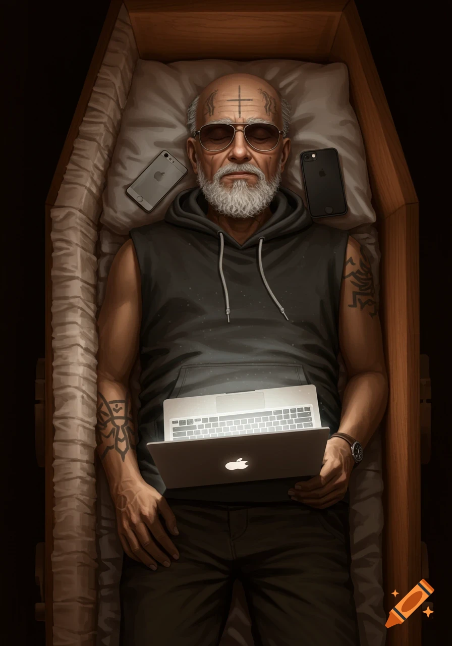 An elderly man with a white beard and sunglasses lies dead in a wooden coffin, holding a laptop. Two iPhones are near his head. He wears a sleeveless hoodie, and has an inverted cross tattooed on his forehead.