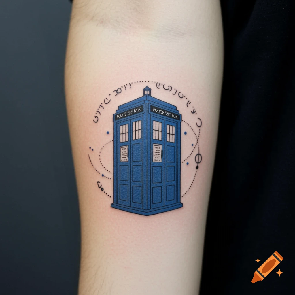 A cartoon-style tattoo of the blue TARDIS police box on a person's arm, surrounded by circular Gallifreyan script.