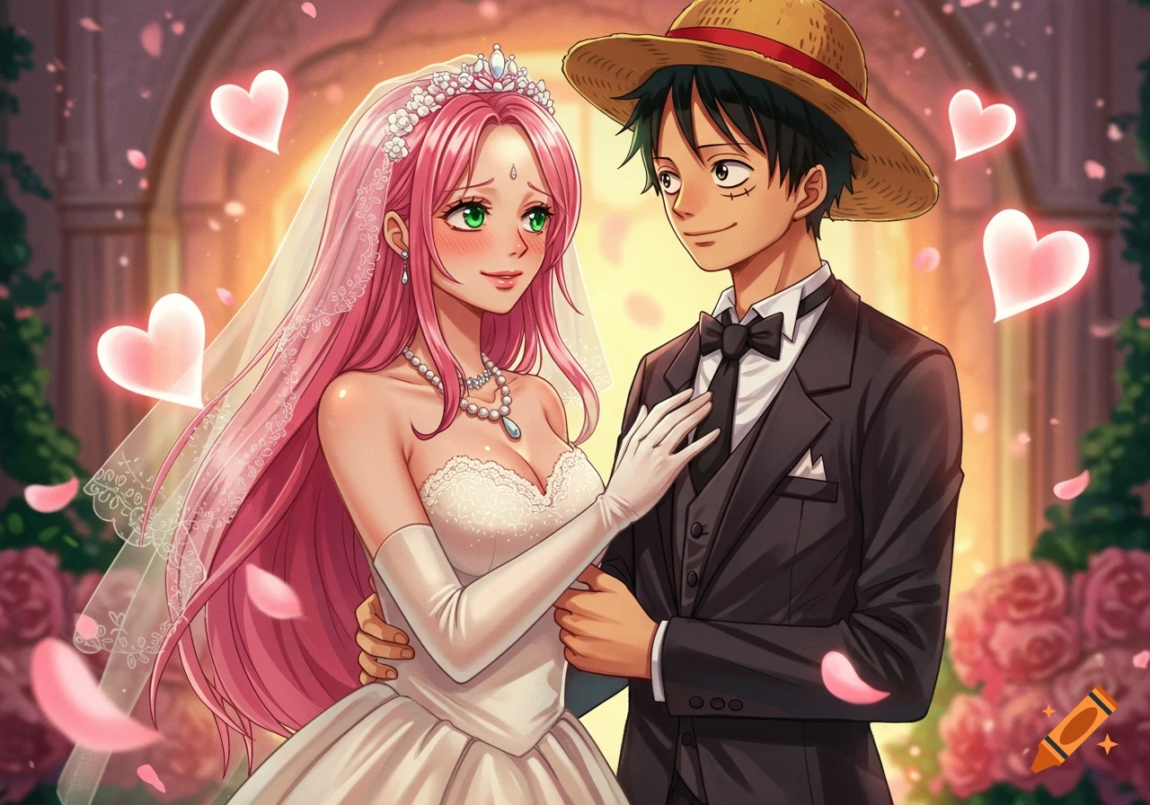 An anime couple, a pink-haired woman in a wedding dress and Monkey D. Luffy in a tuxedo, embrace in a wedding setting with hearts.