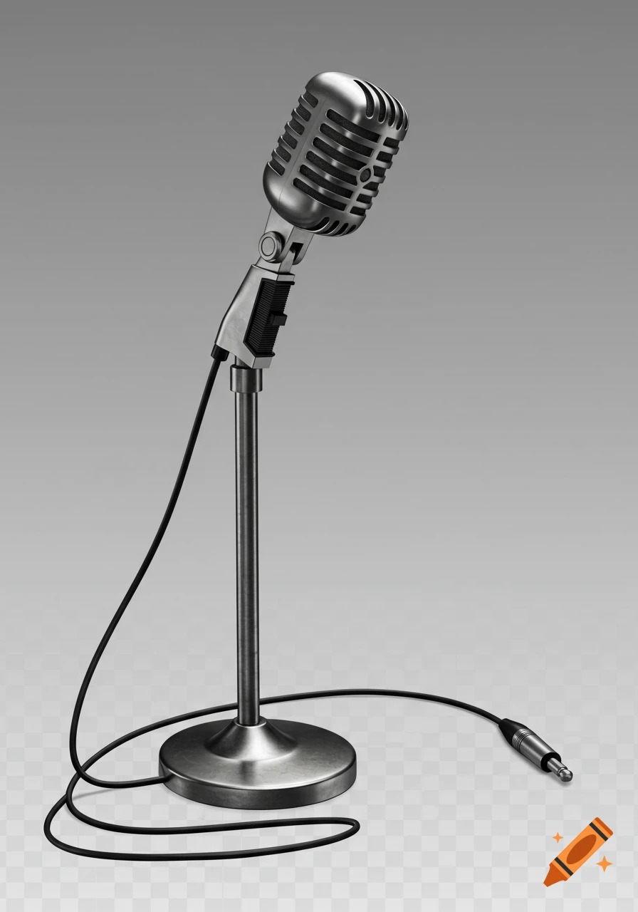 A vintage silver microphone on a stand with a black cord on a gray and transparent background.