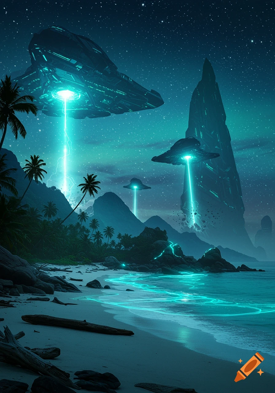Large alien spacecraft beam down light over a tropical beach at night with glowing turquoise waves and jagged mountains.