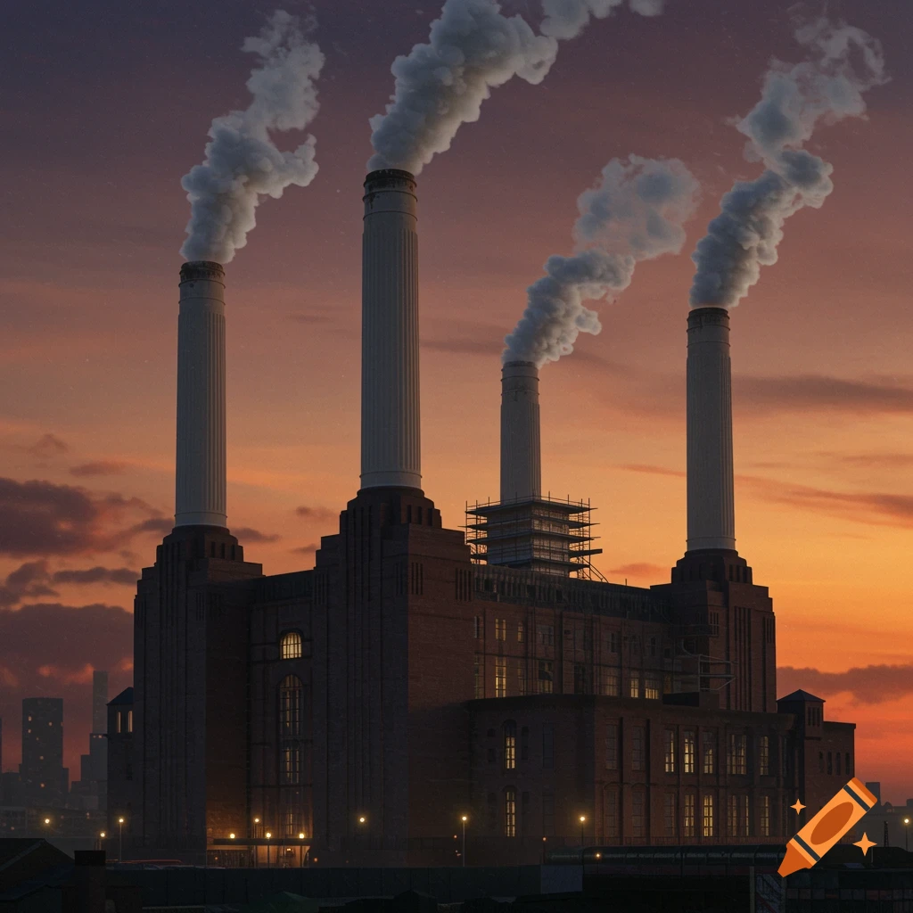 Photorealistic image of Battersea Power Station with four smokestacks emitting smoke, against a dramatic orange and purple sunset sky.
