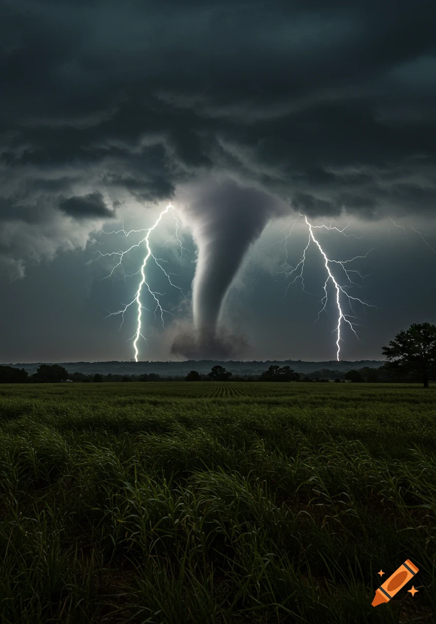A large tornado descends from dark storm clouds with lightning strikes illuminating a green field.
