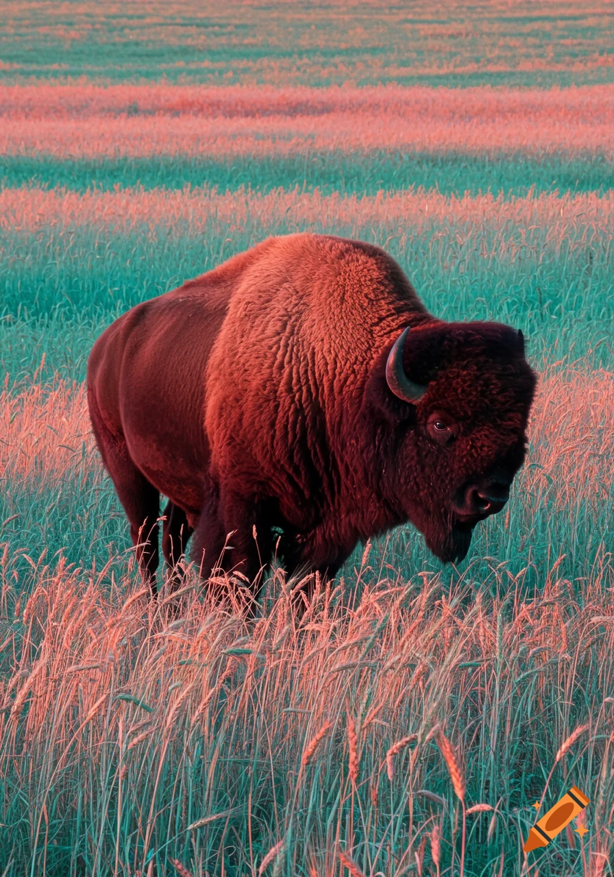 A majestic bison stands in a field of vibrant, multi-colored rye, with a teal and pink sky.