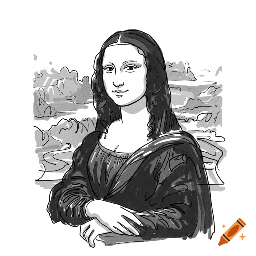 Black and white line drawing of the Mona Lisa with a sketched landscape background.