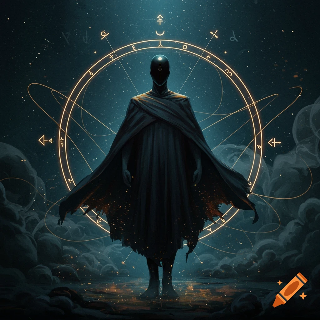 A dark, cloaked figure with a featureless face stands in a cosmic setting, surrounded by glowing arcane symbols.