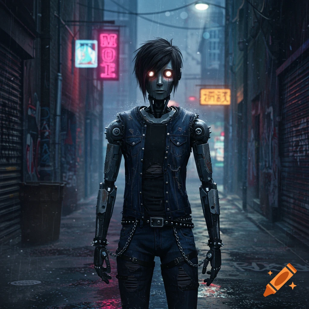 An emo-styled robot with glowing eyes stands in a dark, rainy cyberpunk alley with neon signs.