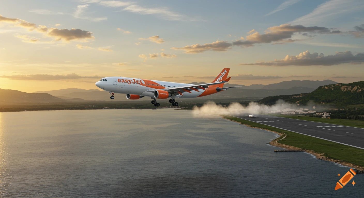 An EasyJet Airbus A330 airliner is landing at Corfu Airport, with mountains and a body of water in the background at sunset.