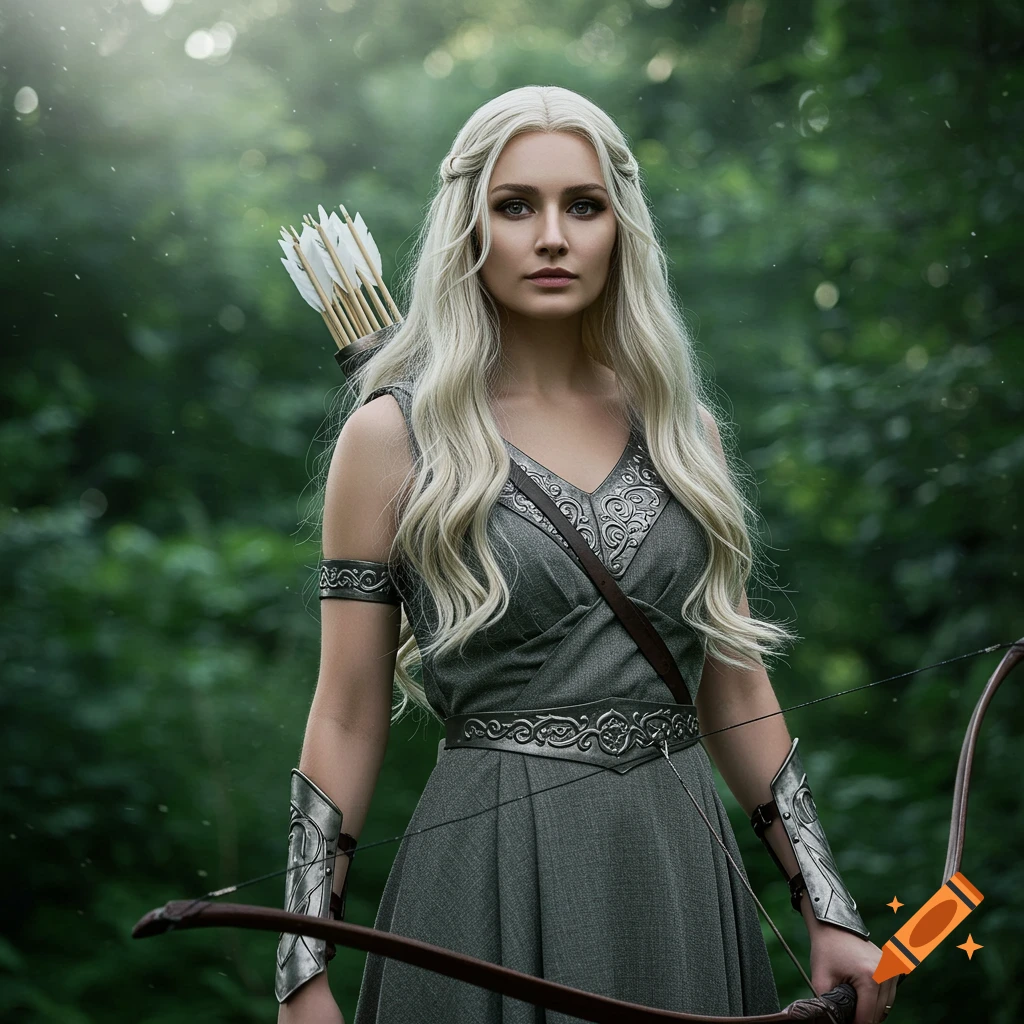 A photorealistic image of a blonde woman dressed as an archer, holding a bow and arrows in a lush forest.
