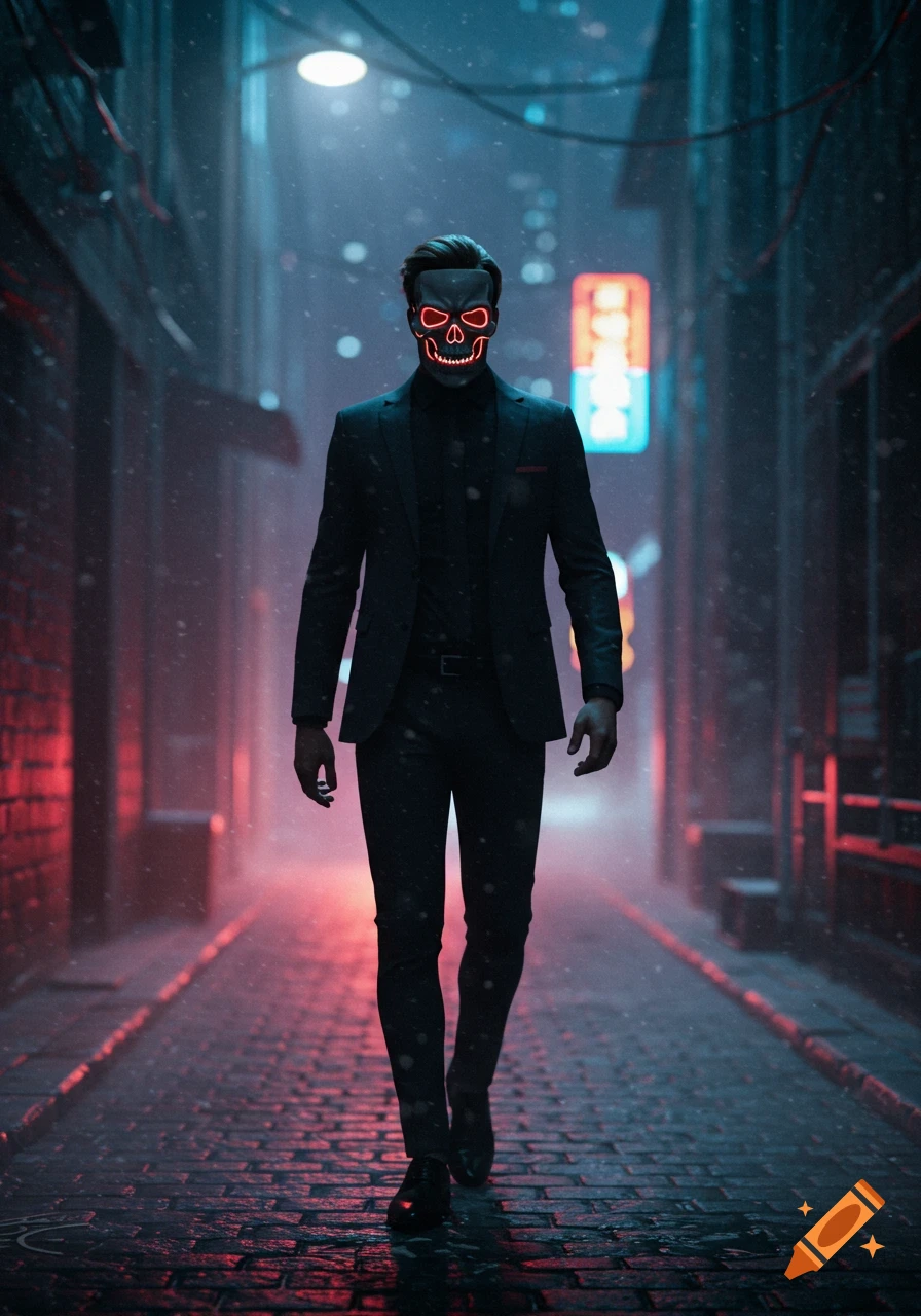 A man in a black suit and glowing red skull mask walks down a dark, rainy urban alley with neon lights.