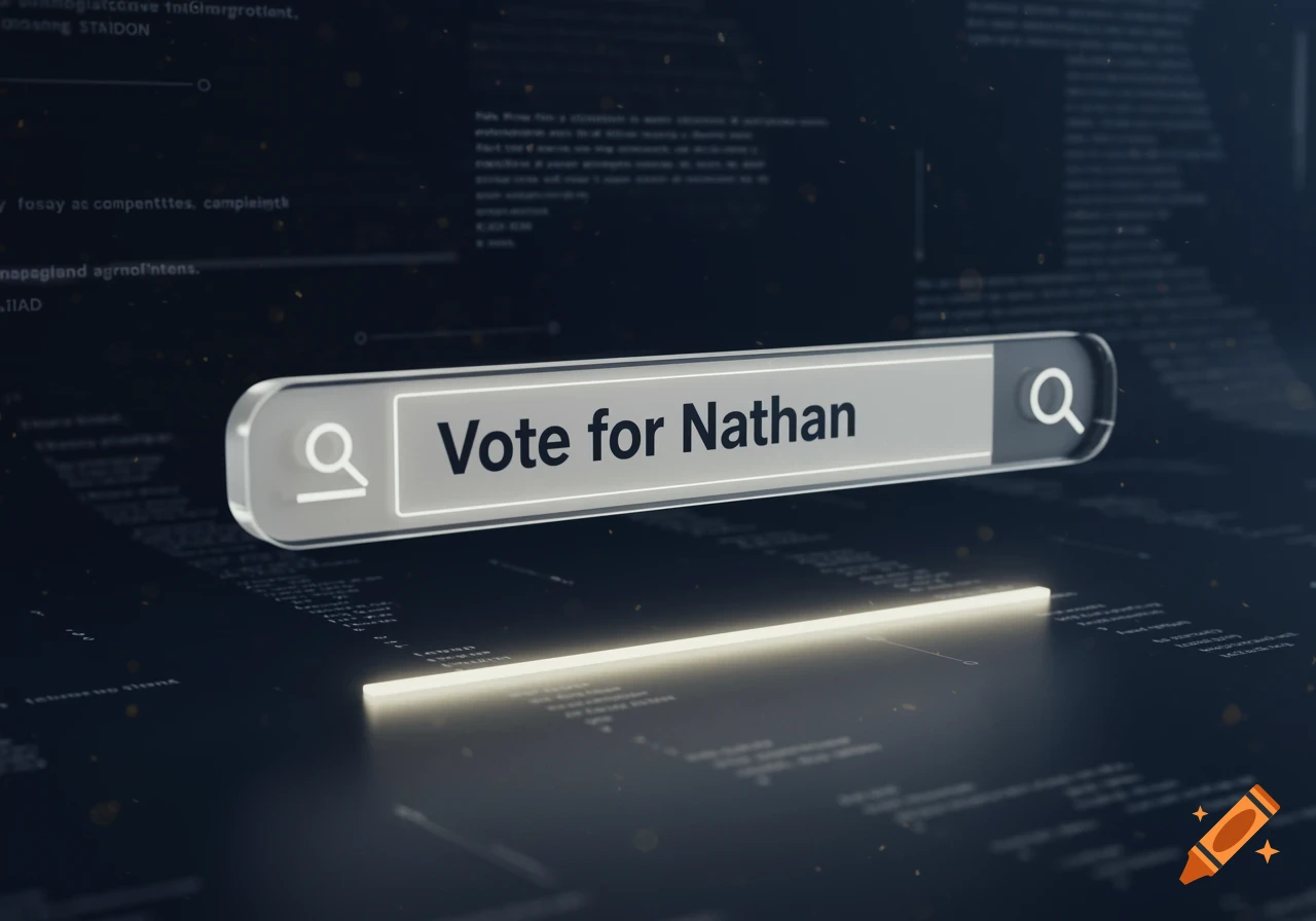 A close-up of a digital search bar displaying the text 'Vote for Nathan' over an abstract data background.