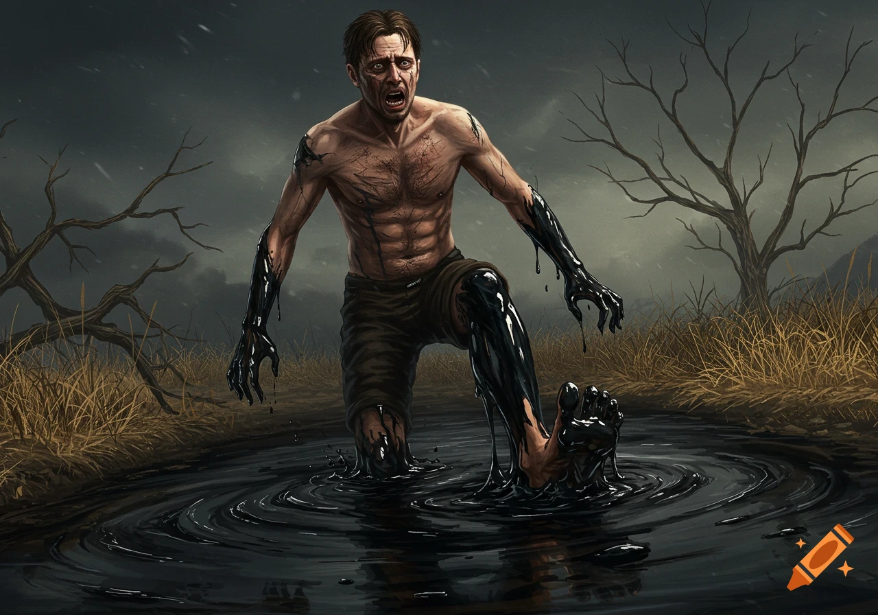 A distressed man struggles in a pool of black tar that covers his lower body and hands, under a stormy sky, digital painting.