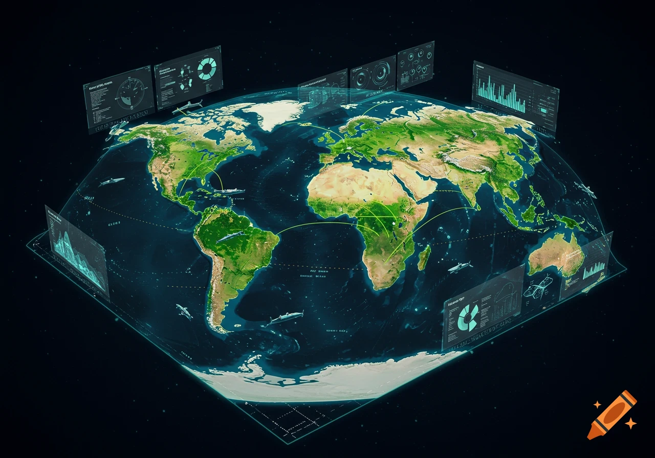 A futuristic 3D map of Earth with glowing lines connecting continents and holographic data screens showing charts and graphs floating around it against a dark, starry background.