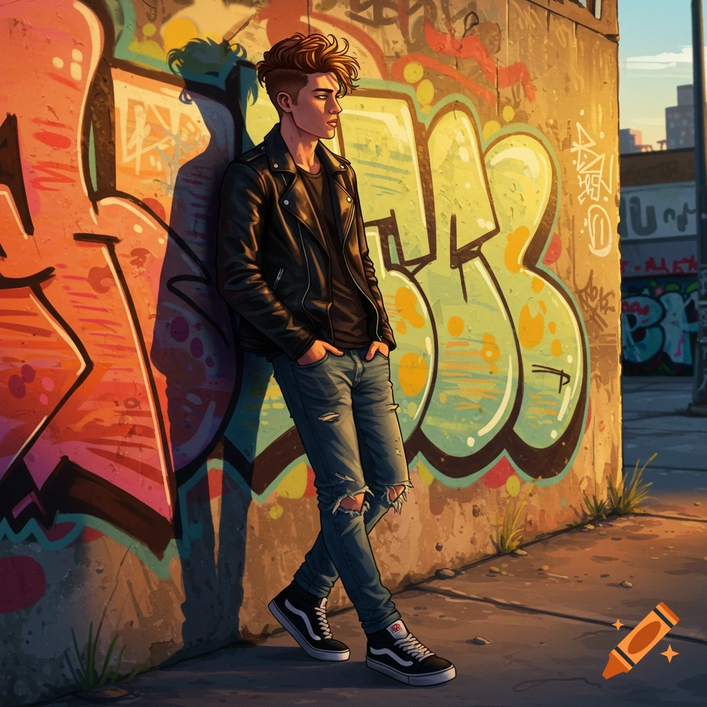 A cool young man in a leather jacket and ripped jeans leans against a vibrant graffiti wall in an urban setting.