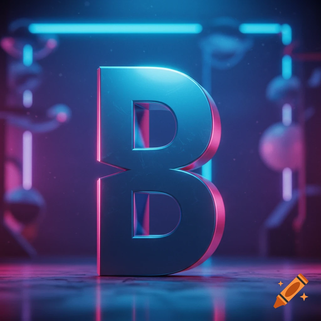 A stylized, metallic 3D letter 'B' with split sections, illuminated by vibrant blue and pink neon lights in a dark, reflective setting.