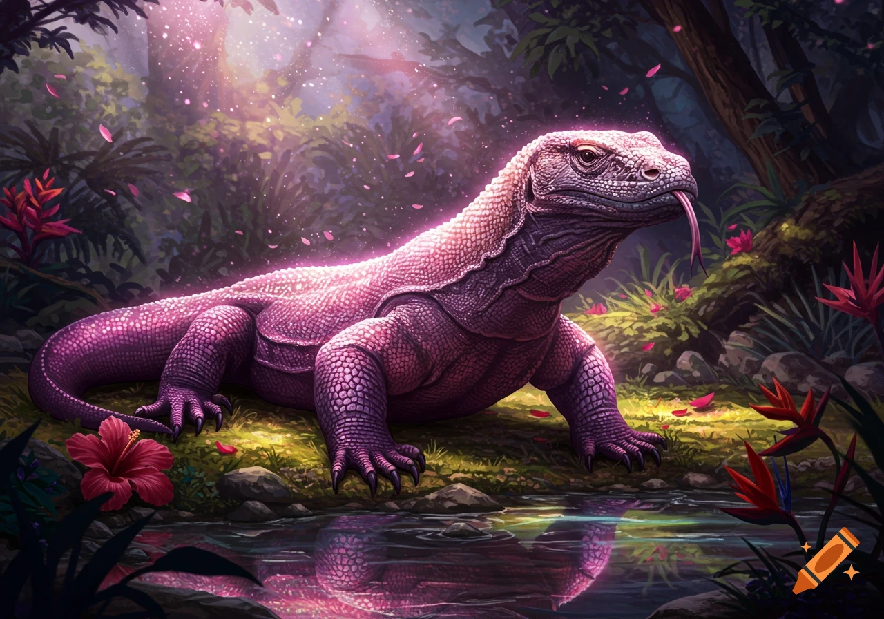 A pink and purple Komodo dragon with glowing scales rests by a stream in a magical, lush jungle with falling petals.