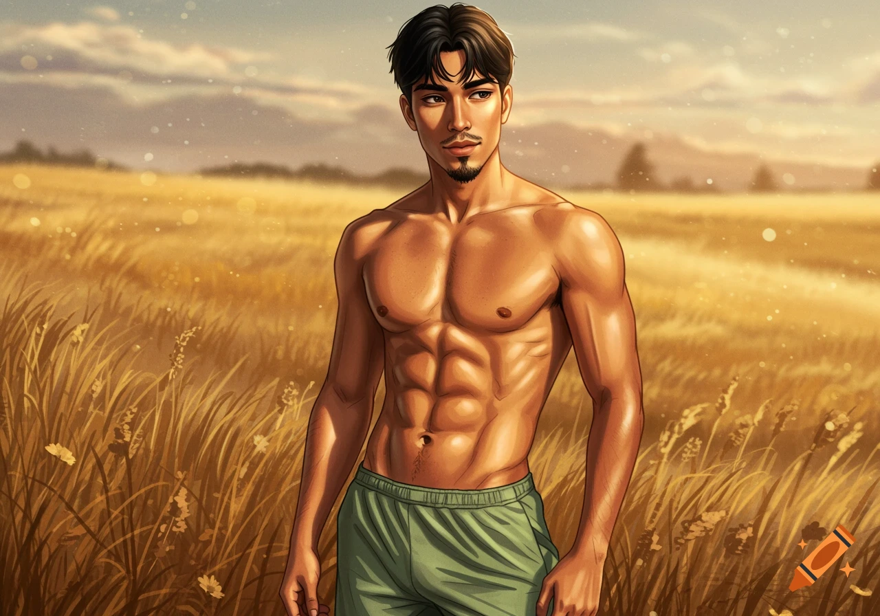 A shirtless anime man with dark hair and a goatee stands in a golden field, wearing sage green shorts.