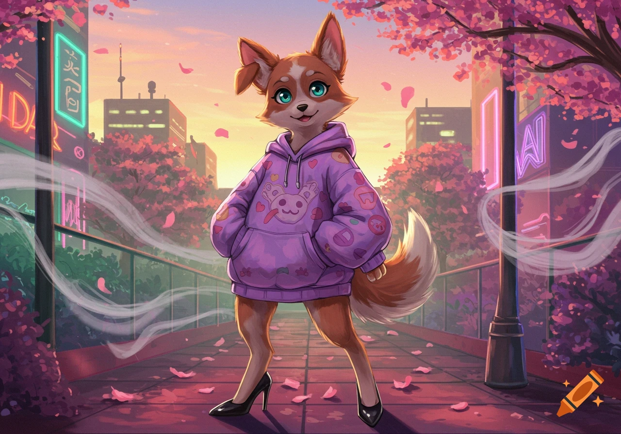 An anime-style furry character with fox-like features, wearing a purple oversized hoodie and high heels, stands on a bridge with cherry blossoms falling, against a city sunset backdrop.
