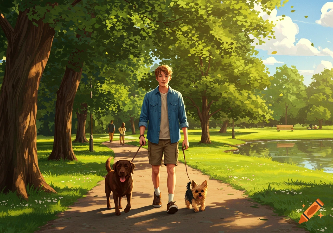 An illustration of a young man walking a chocolate Labrador and a Yorkshire Terrier on a sunny park path near a pond.