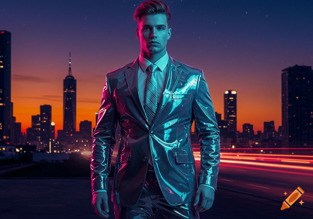 A man in a shiny, reflective suit stands before a neon-lit futuristic city skyline at night with light trails.