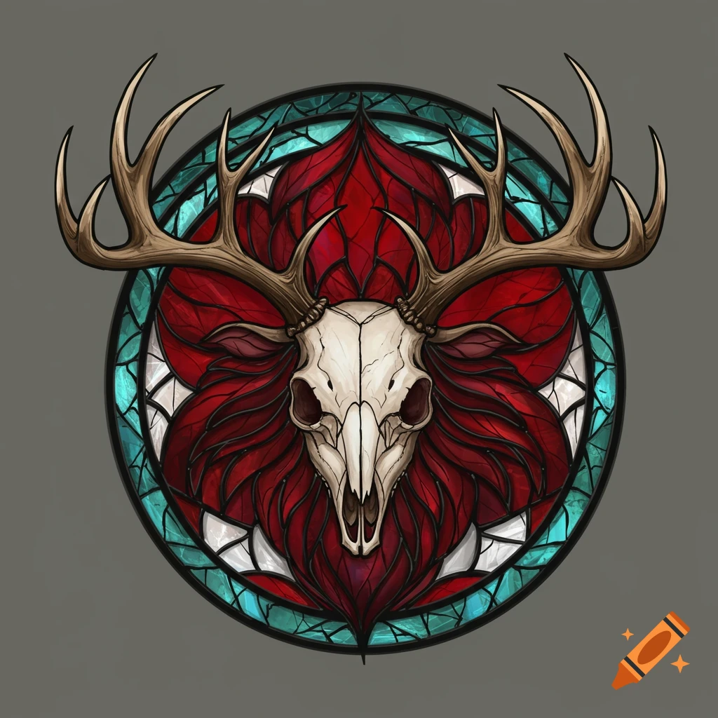 Stylized stained glass art of a deer skull with antlers on a red and teal background.