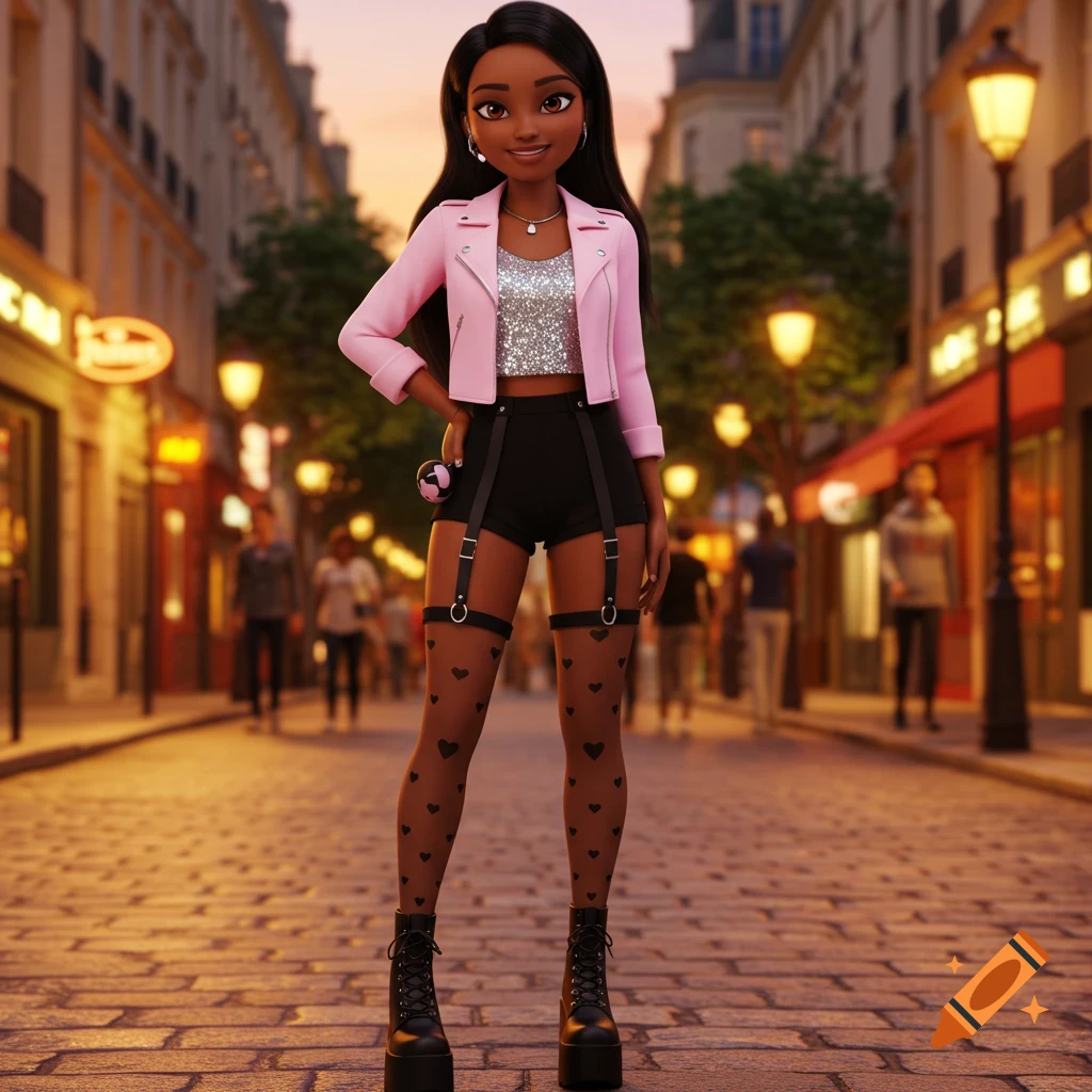 A confident Black teenage girl with long dark hair, wearing a pink moto jacket, silver sequin top, black shorts, heart-patterned tights, and platform boots, standing on a cobblestone street in Paris in a 3D animation style.