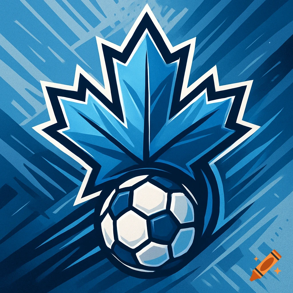 A blue and white stylized logo featuring a maple leaf over a soccer ball on a dynamic striped background.