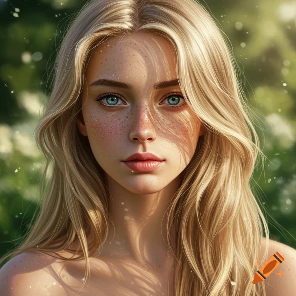 Close-up portrait of a young woman with blonde hair, blue eyes, and freckles in dappled sunlight.