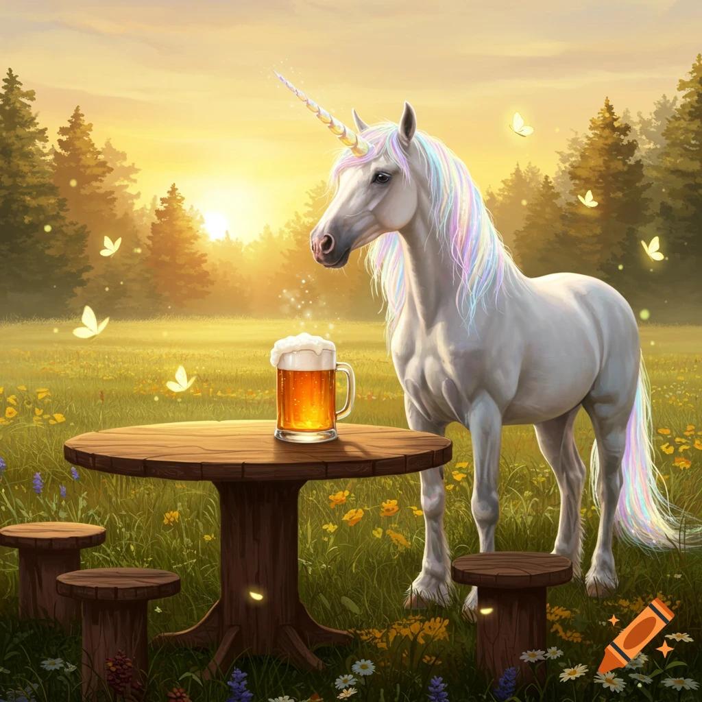 A white unicorn with a rainbow mane and horn stands next to a wooden table with a foamy mug of beer in a sunny, flower-filled meadow at sunset.