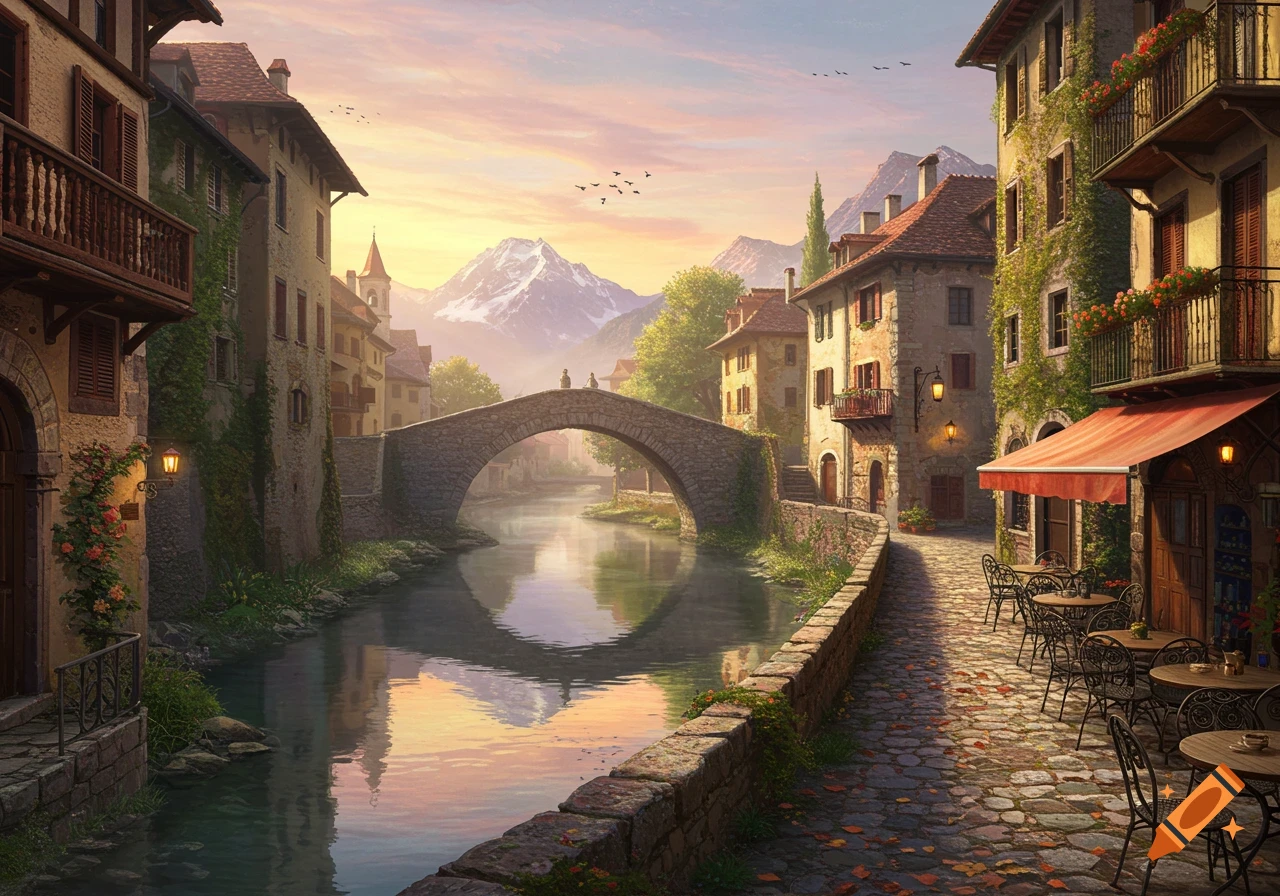 A picturesque European village with stone buildings and a river flowing under an arch bridge, against a backdrop of snow-capped mountains at sunset.