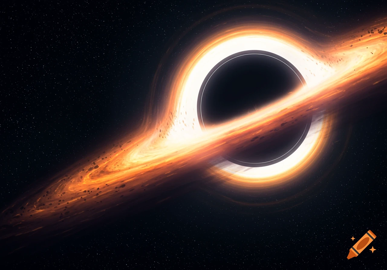 A black hole with a bright, swirling orange and yellow accretion disk against a starry black sky.