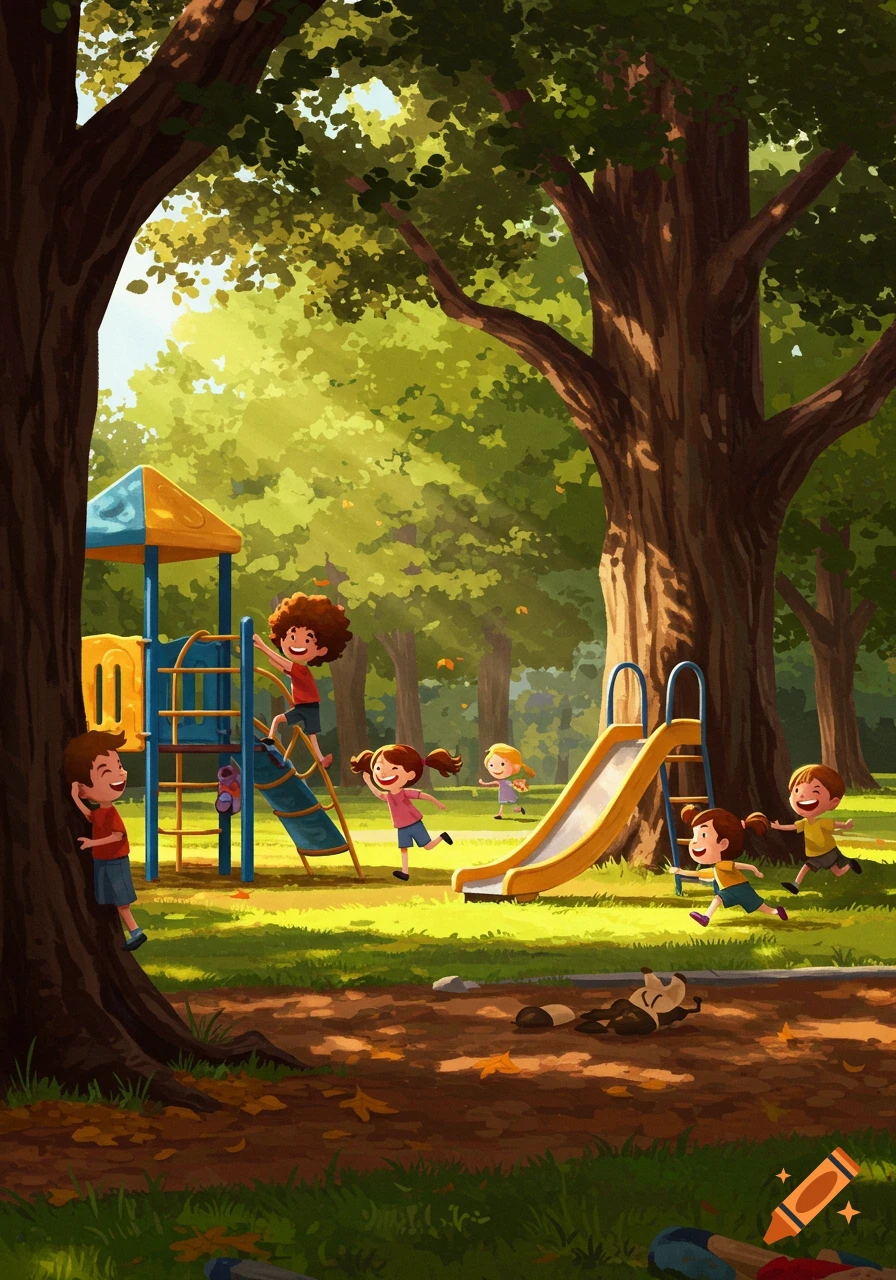 Illustration of joyful children playing on a colorful playground in a sun-dappled park.