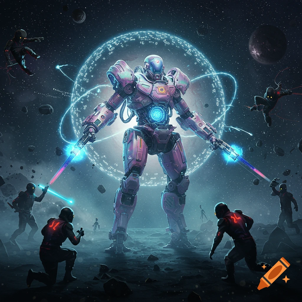 A massive, glowing purple and white robot with glowing blue weapons stands in space, surrounded by a light blue energy field with intricate patterns. Several smaller, dark figures, some with glowing red markings and wielding energy weapons, are scattered on the rocky, desolate ground around it, with planets and asteroids in the background. The scene has a dramatic, action-oriented feel.