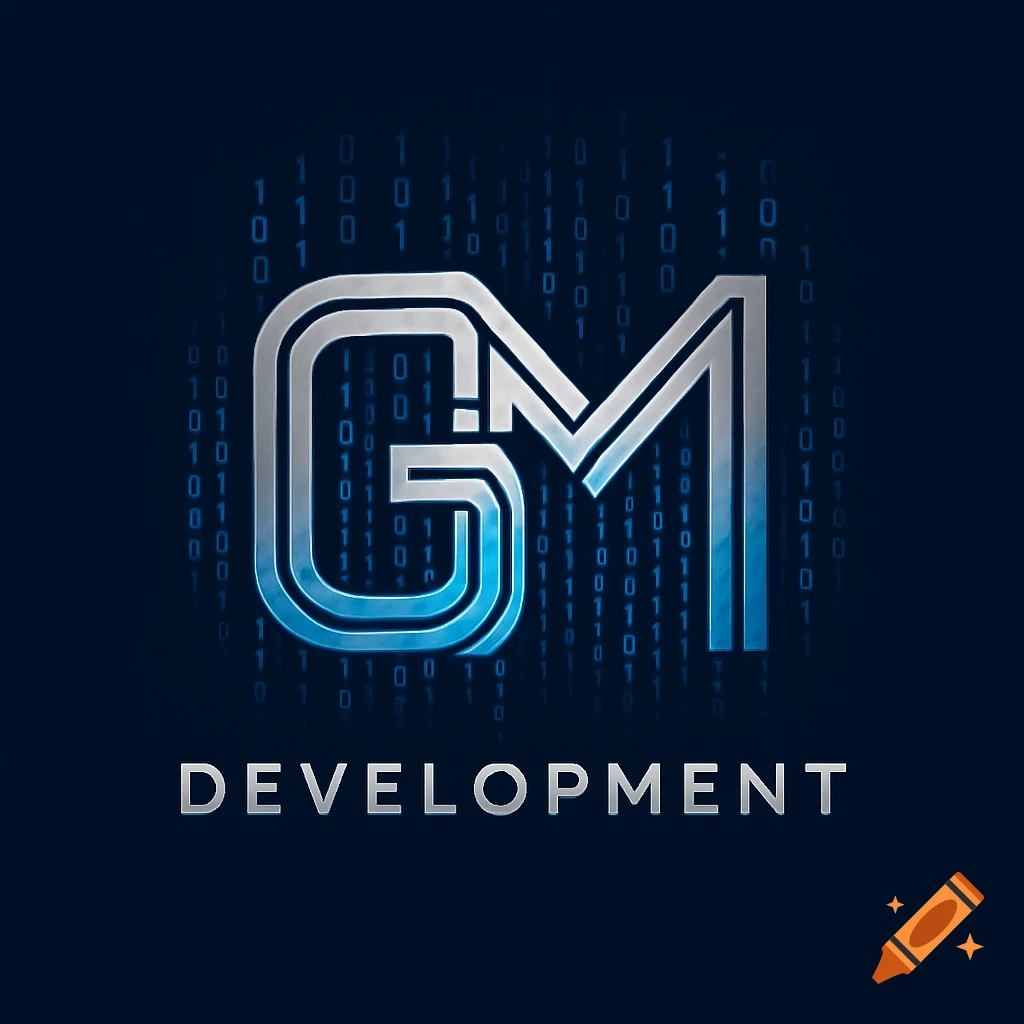 A metallic silver and blue logo featuring large stylized letters "GM" over a background of falling binary code, with the word "DEVELOPMENT" below.