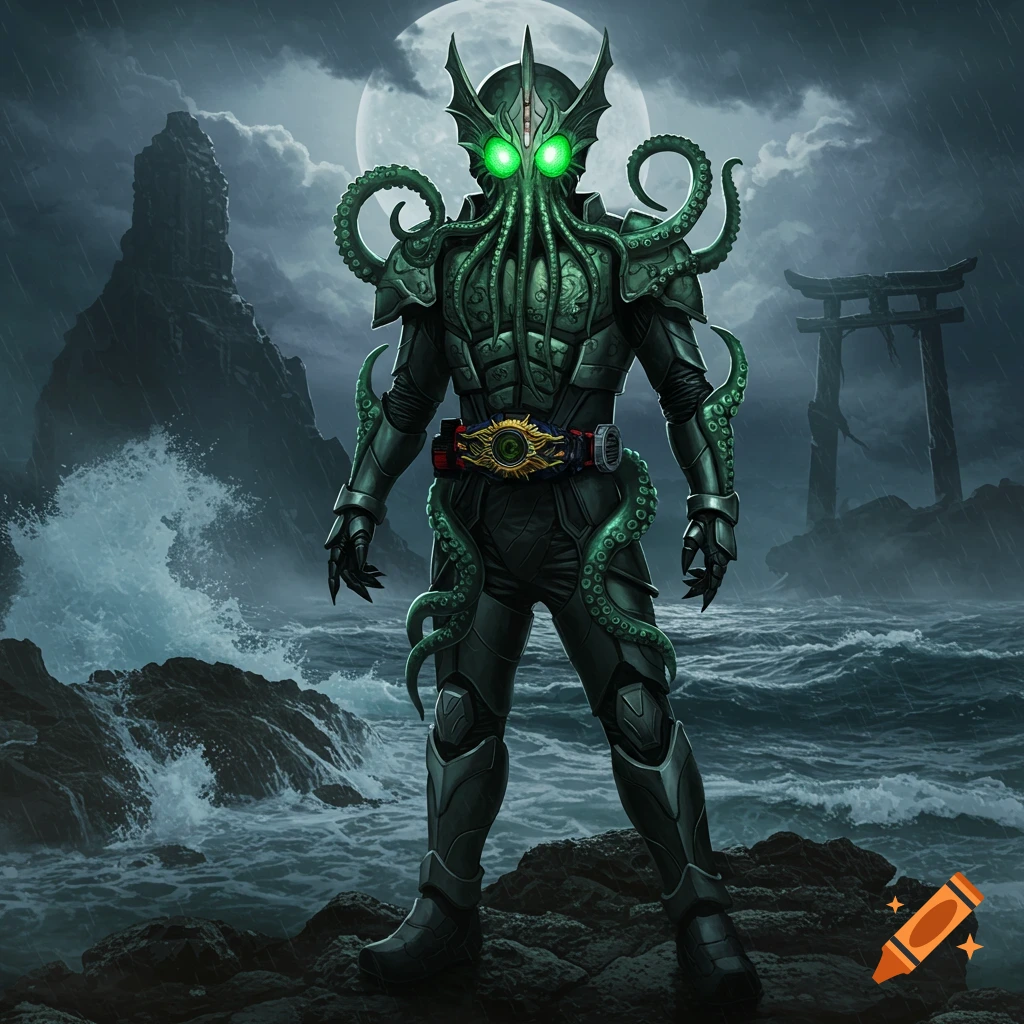 A Cthulhu-themed Kamen Rider stands on rocks in a stormy sea under a full moon, with a torii gate in the background. The green armored character has glowing eyes and octopus-like tentacles.